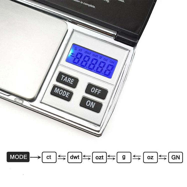 Close-up of digital jewelry scale LCD and buttons: TARE, MODE, OFF, ON