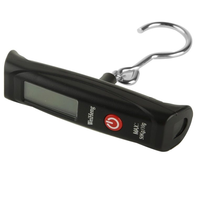 Black luggage scale with silver hook and long body, LCD window visible