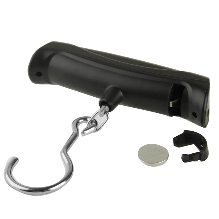 Black luggage scale with metal hook, bottom strap clip, and circular battery cover