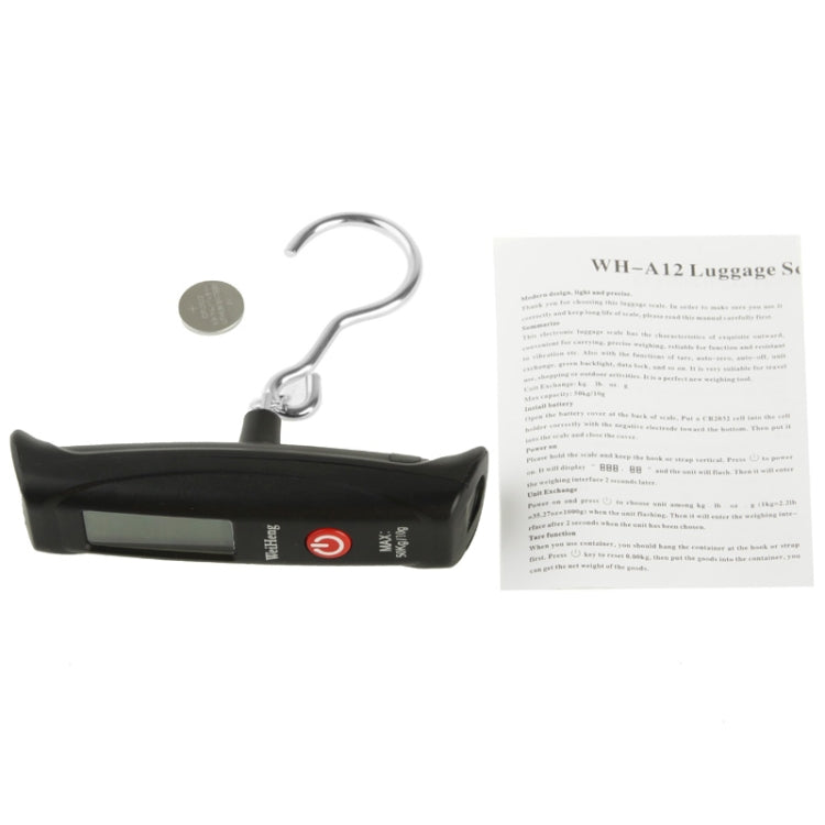 Black luggage scale with hanging hook and LCD screen, plus instruction leaflet