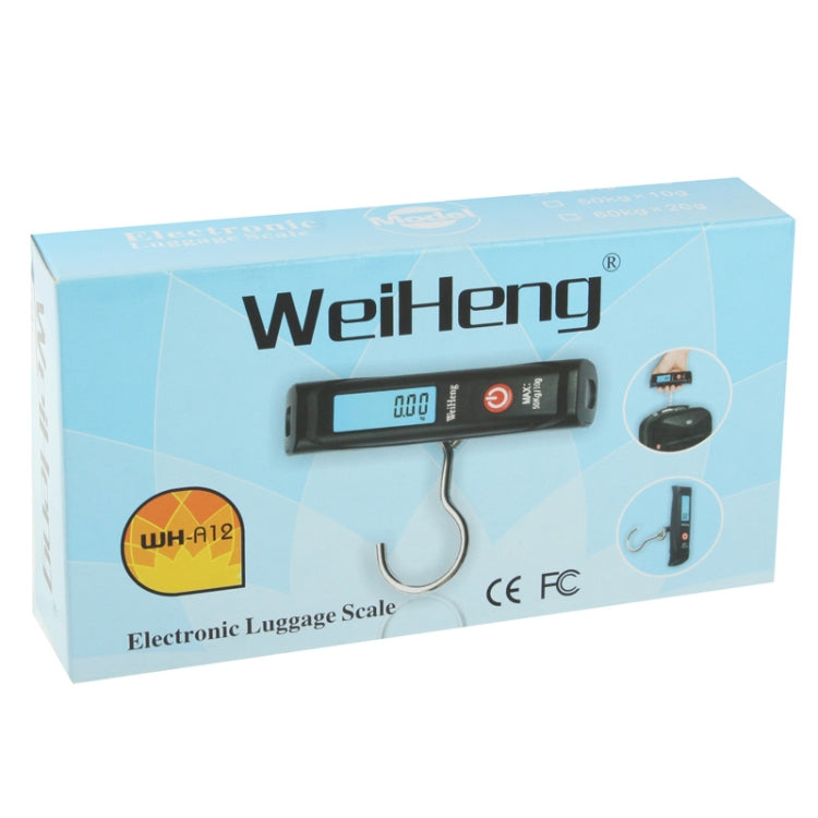 Weiheng electronic luggage scale retail box with UH-A12 label and product image