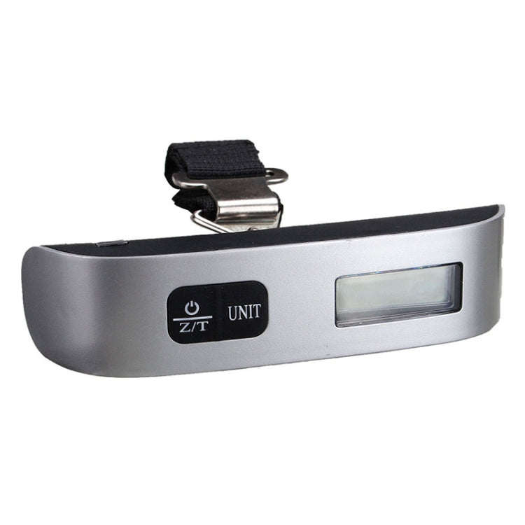Mini handheld luggage electronic scale, silver body with LCD window and strap