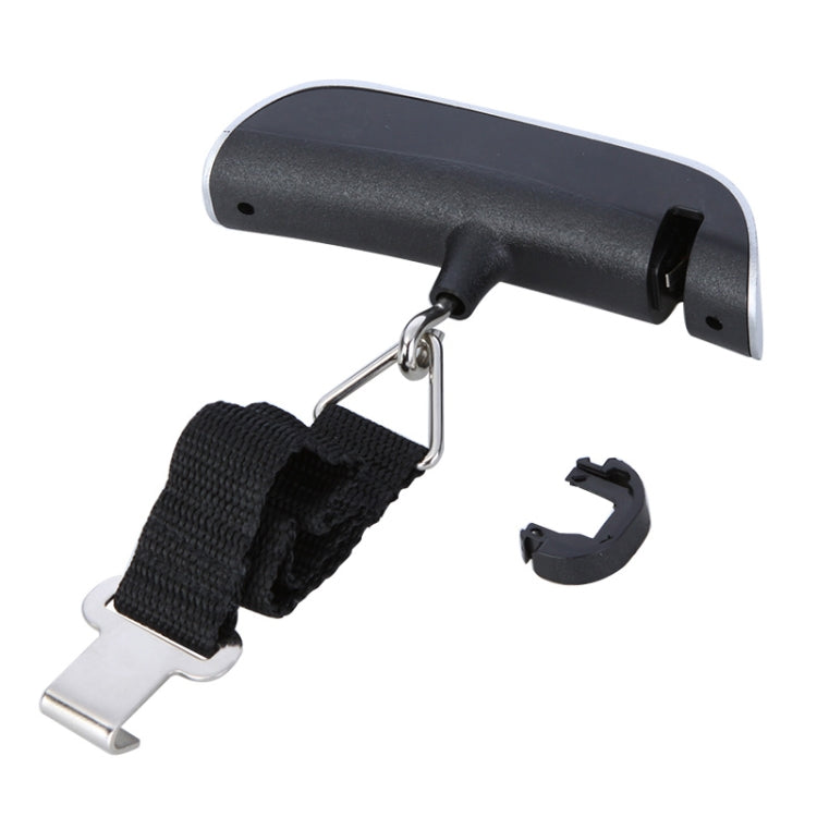 Mini handheld luggage scale with hanging hook, black strap, and side buttons