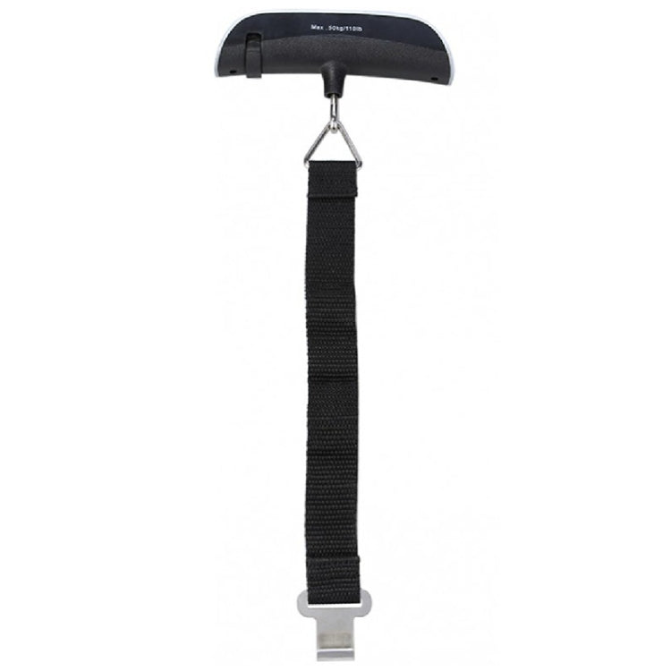 Mini handheld luggage electronic scale with black webbing strap and metal hook