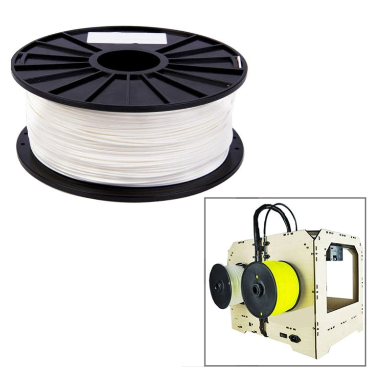 PLA filament spool, white 3D printing filament wound on black reel.