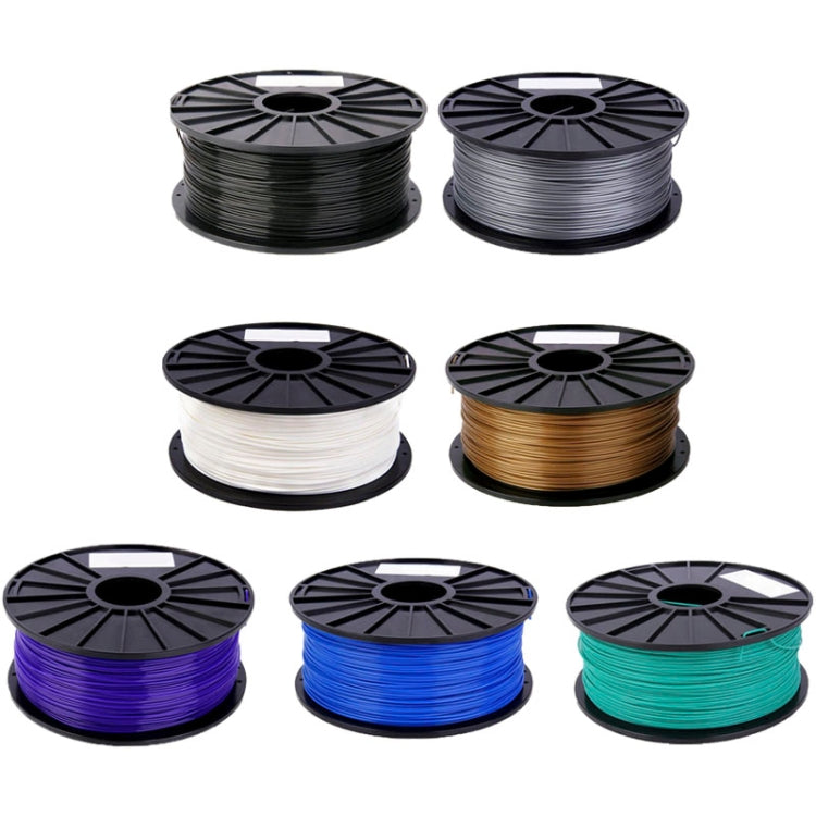 PLA filament spools set in assorted colors: white, silver, gold, black, blue, purple, green.