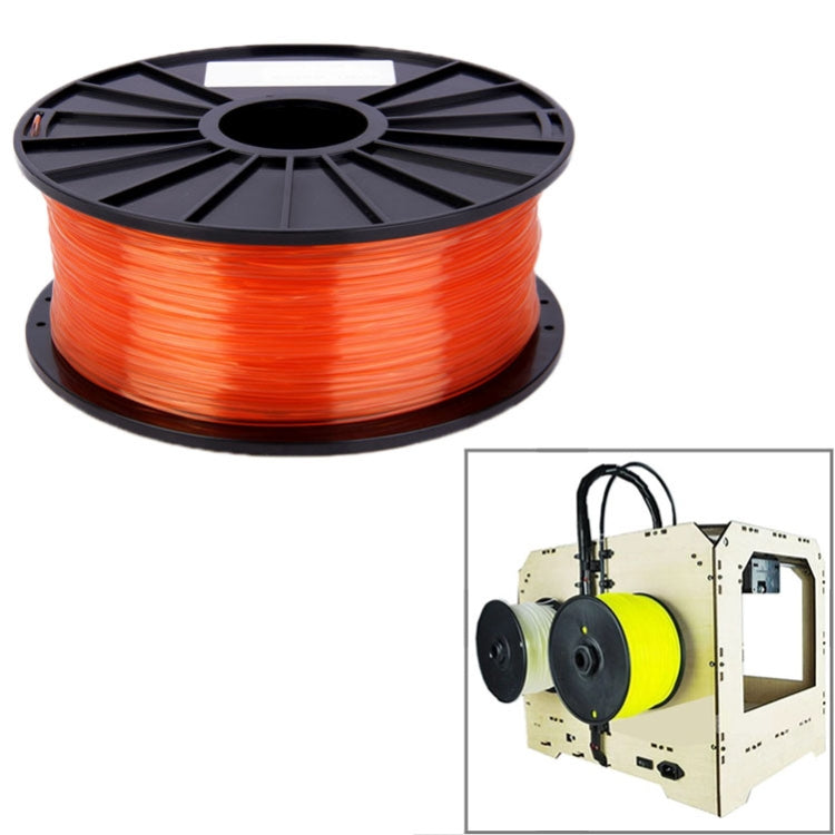 Transparent PLA filament spool, orange-red filament roll on black reel.