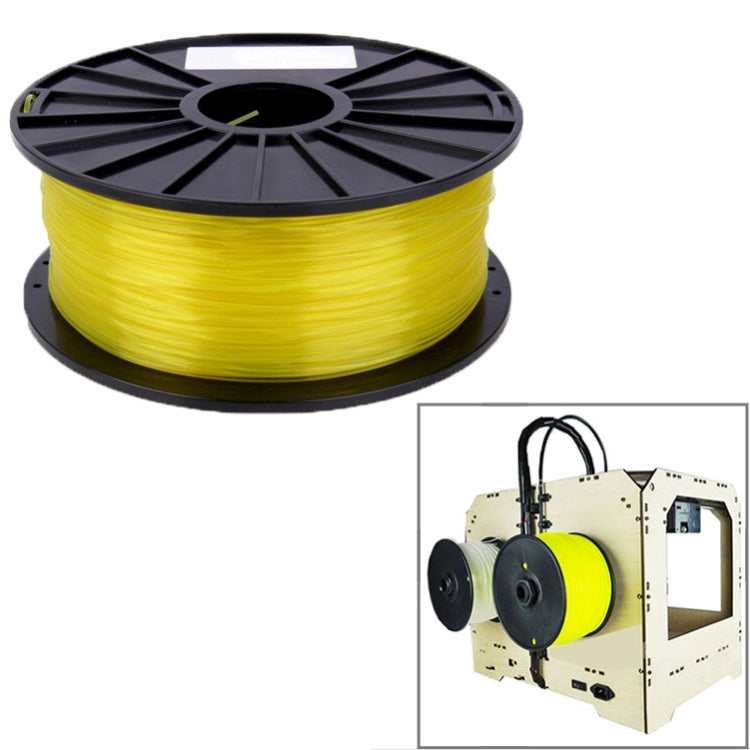 Transparent PLA filament spool, bright yellow filament roll on black reel.