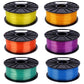 Transparent PLA filament multi-spool set: yellow, orange, red, purple, green, blue reels.