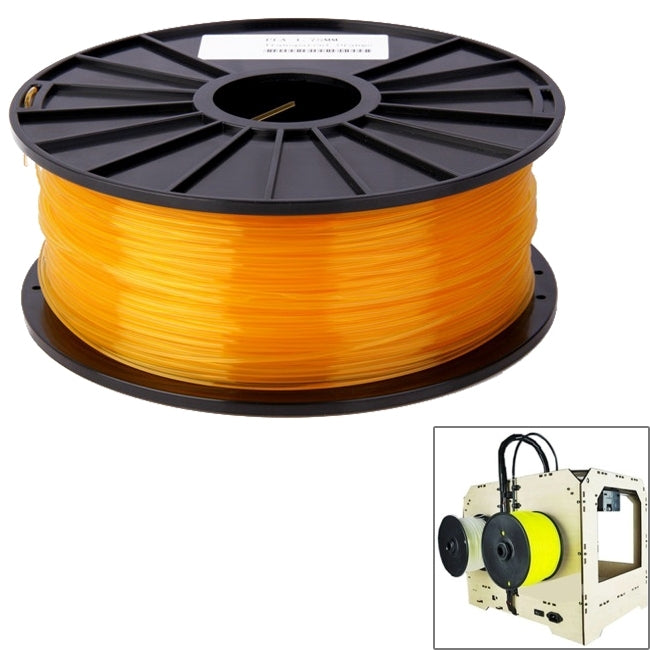 Orange PLA 3D printer filament spool on black reel, 3.0 mm transparent filament.