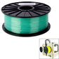 Green PLA 3D printer filament spool on black reel, 3.0 mm transparent filament.