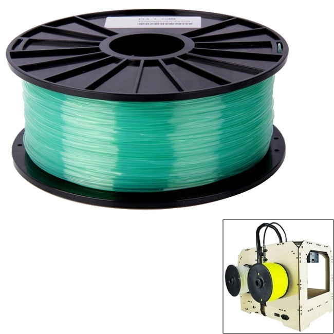 Green PLA 3D printer filament spool on black reel, 3.0 mm transparent filament.
