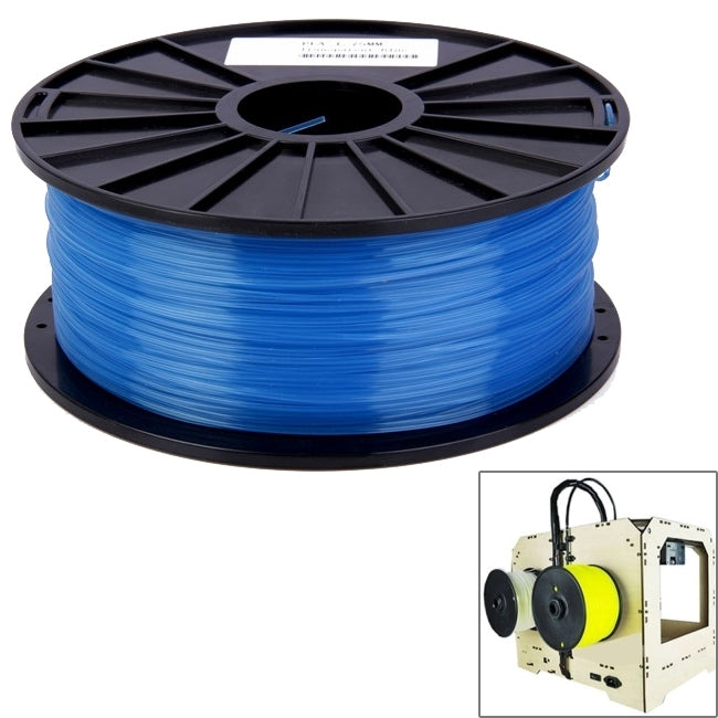 Blue PLA 3D printer filament spool on a black reel, 3.0 mm transparent filament.