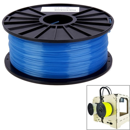 Blue PLA 3D printer filament spool on a black reel, 3.0 mm transparent filament.