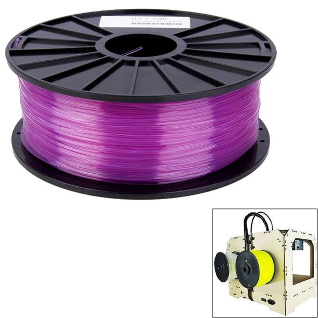 Purple PLA 3D printer filament spool on black reel, 3.0 mm transparent filament.