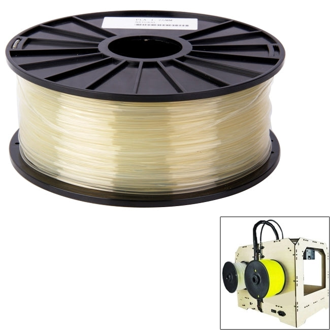 Cream PLA 3D printer filament spool on black reel, 3.0 mm transparent filament.