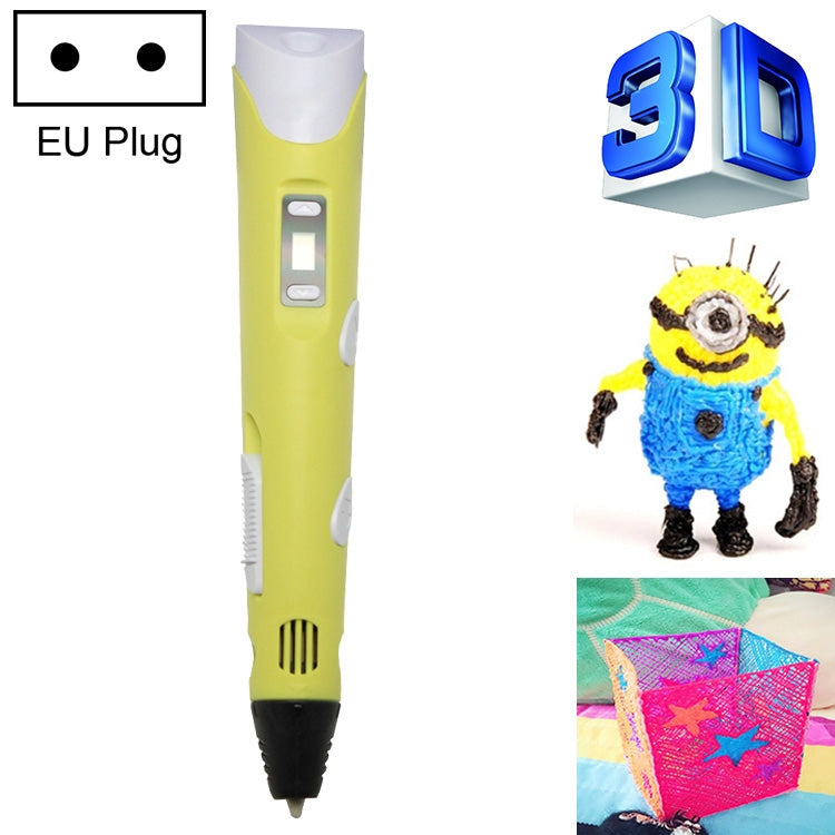 Hand-held 3D printing pen, yellow-green, EU plug, with indicator buttons and nozzle tip