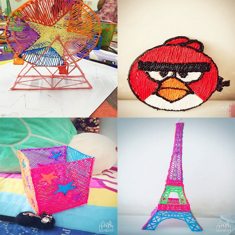 Hand-held 3D printing pen craft designs: penguin, Eiffel Tower, and geometric string art