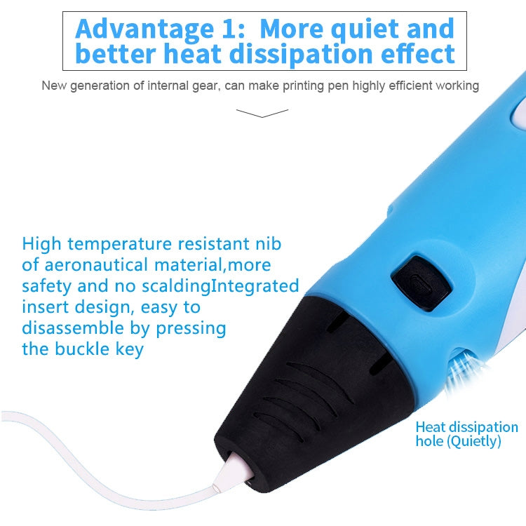 Handheld 3D printing pen, blue handle with heat vent and black nozzle