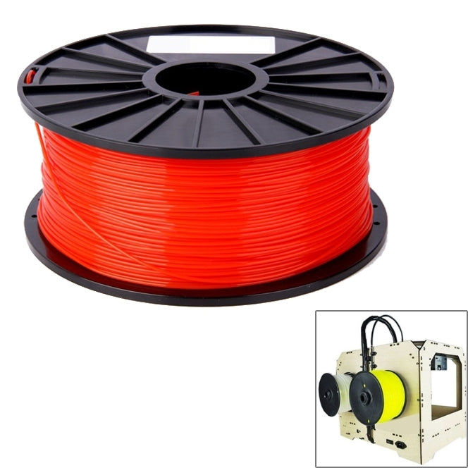 Red ABS 3D printer filament spool on black reel, tightly wound filament