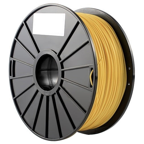 Close-up of a yellow ABS 3D printer filament spool on a black reel