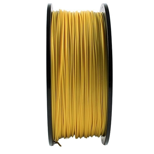 Yellow ABS 3D printer filament coiled on a black spool reel