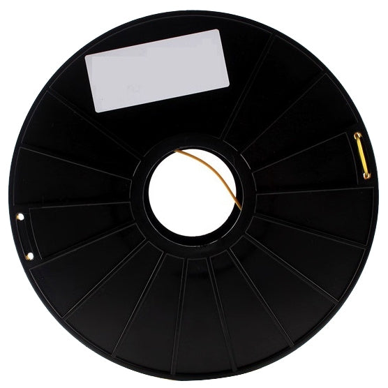 Yellow filament end on a black ABS 3D printer filament spool reel