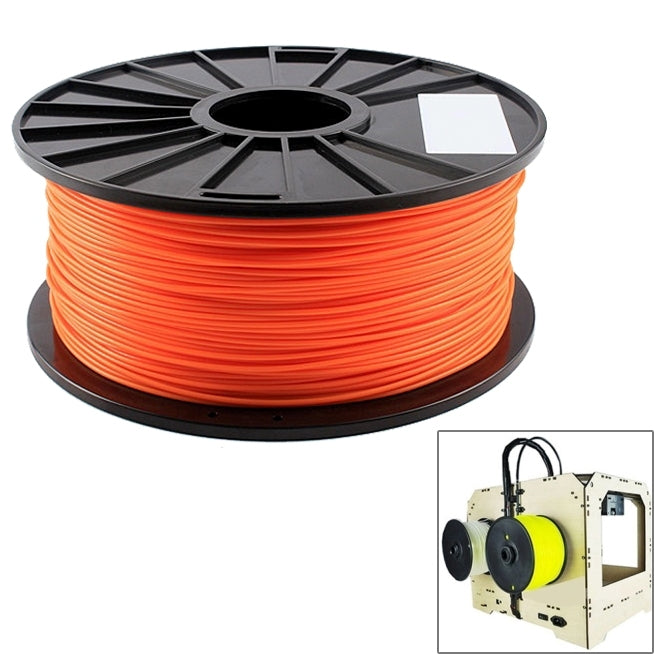 Fluorescent orange ABS 3D printer filament spool on black plastic reel