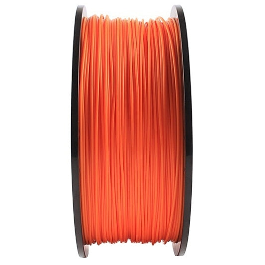 Fluorescent orange ABS 3D printer filament spool, vertical side view