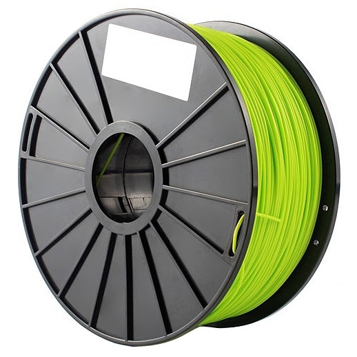 Neon green 3D printer filament spool close-up on black reel