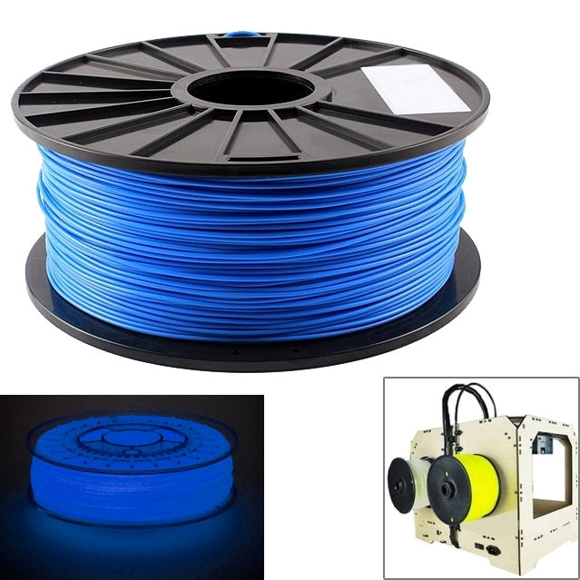 3D printer filament spool with bright blue ABS filament on black reel