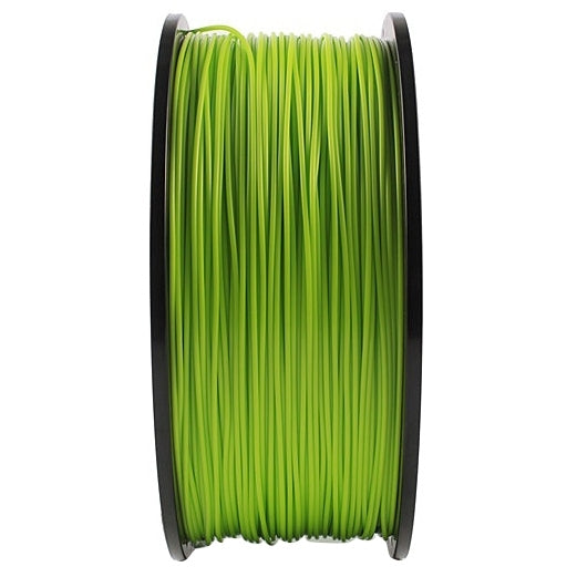 Neon-green luminous PLA filament wound on spool, side view