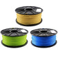 3D printer filament spools set: green, blue, and yellow on black reels