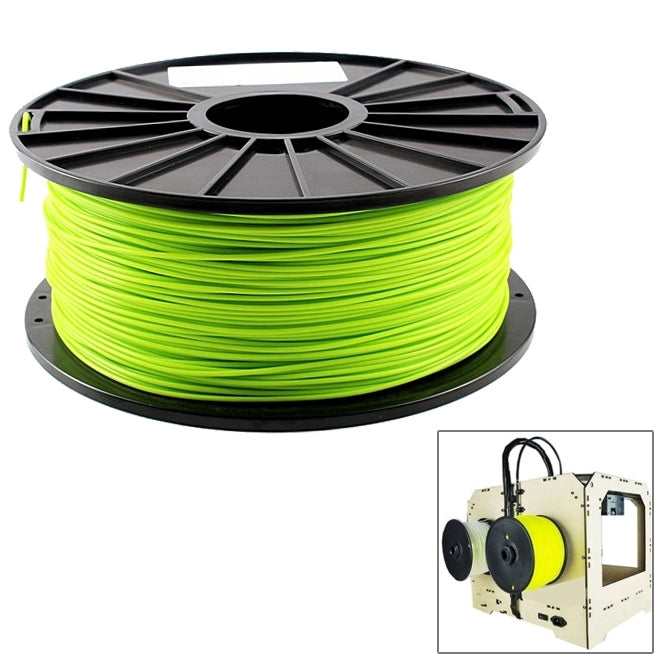 Green PLA filament spool on black reel, top view with wound filament