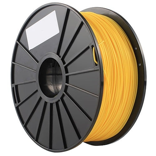 Yellow PLA filament spool on black reel, side view with filament wrap