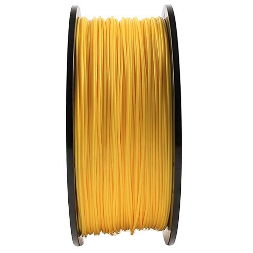 Yellow PLA filament on a compact spool, full roll view