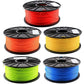 Assorted-color PLA filament spools set: red, yellow, green, and blue on black reels