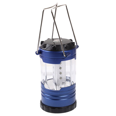 Blue LED camping lantern with glass body and top control panel