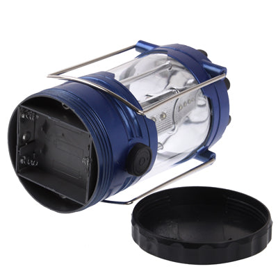 Blue LED lantern viewed from side with open base cap and carry handle