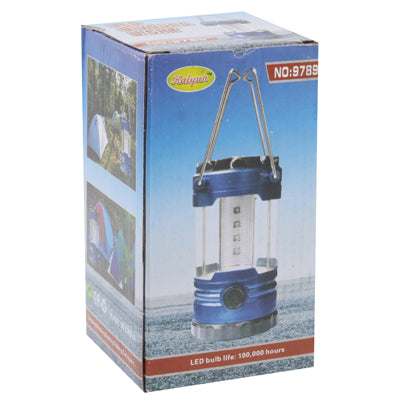 Retail box for blue LED adjustable lantern with handle and glass body