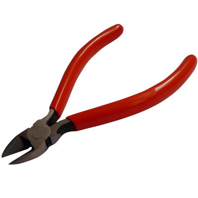 Mini diagonal cutting pliers showing cutting edge and red grip handles