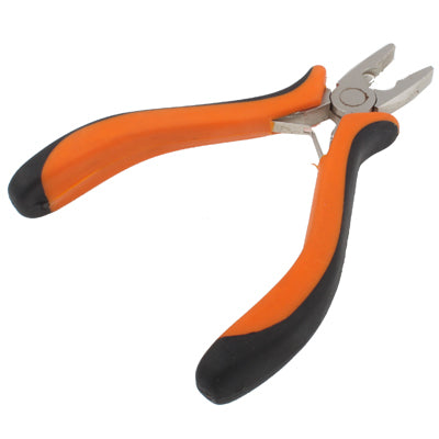 Angled view of mini diagonal plier; orange grips, black ends, and metal cutting jaws
