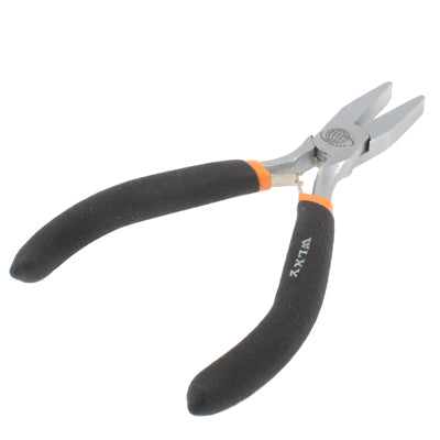 Flat-nose pliers with long silver jaws and black handle covers, orange grip bands