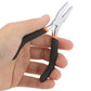 Flat-nose pliers held by hand; black handles with orange bands and metal jaws