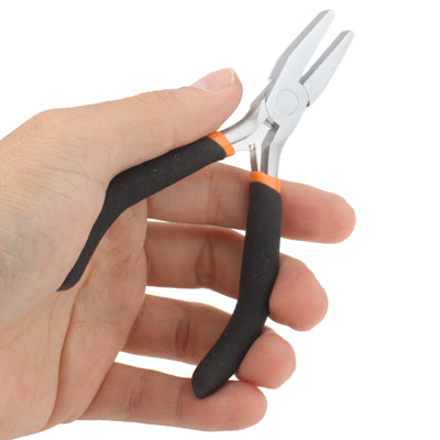 Flat-nose pliers held by hand; black handles with orange bands and metal jaws