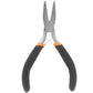 Flat-nose pliers, side view showing pointed jaws, black grips with orange bands