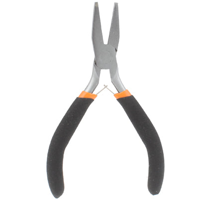 Flat-nose pliers, side view showing pointed jaws, black grips with orange bands