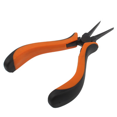 4.5-inch thin flat pliers, orange grips with long narrow black jaws (side view)