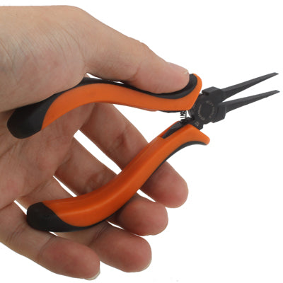 4.5-inch thin flat pliers held in hand, orange handles and long black tips