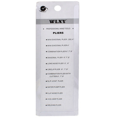WLXY pliers product card with hanging hole and detailed tool list